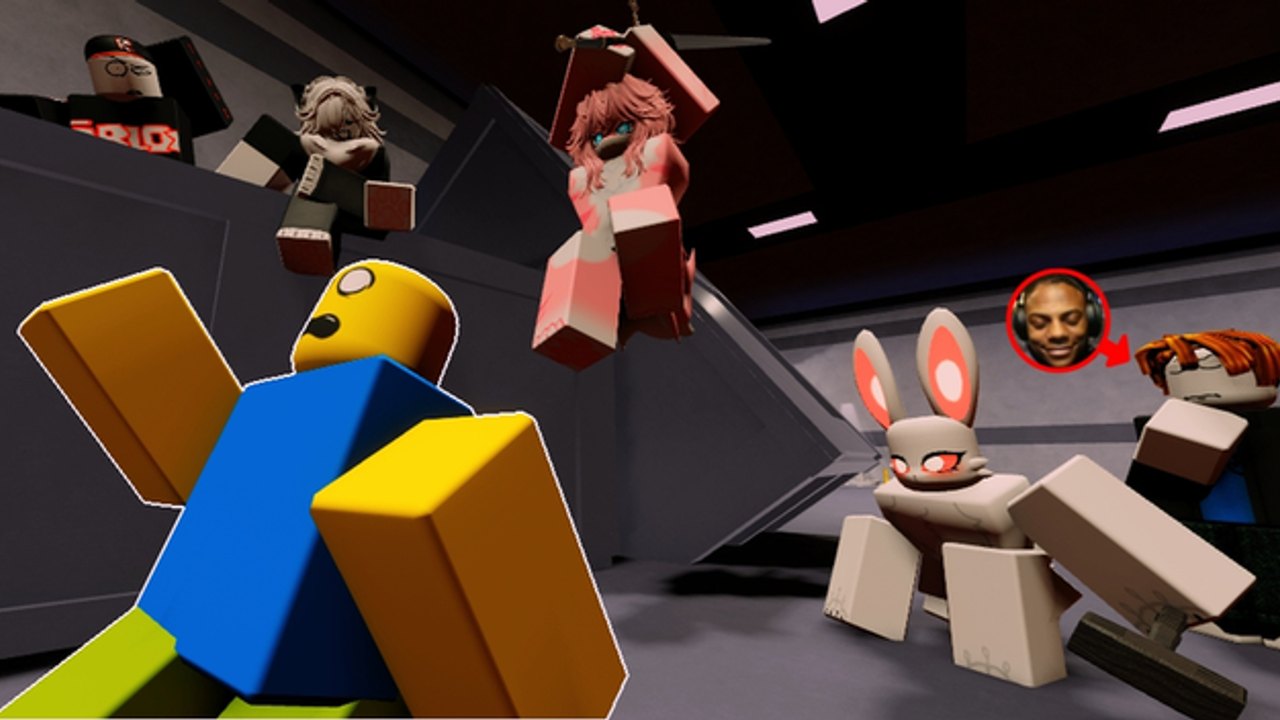 Fur Infection LITE VR Kampf in einer Roblox-Facility: ein Human wird zurückgestoßen, während Infected-Morphs näher kommen.